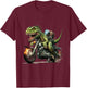 T-Rex Dinosaur Riding a Motorcycle with Flaming Tire T-Shirt - T-Shirt | Maroon