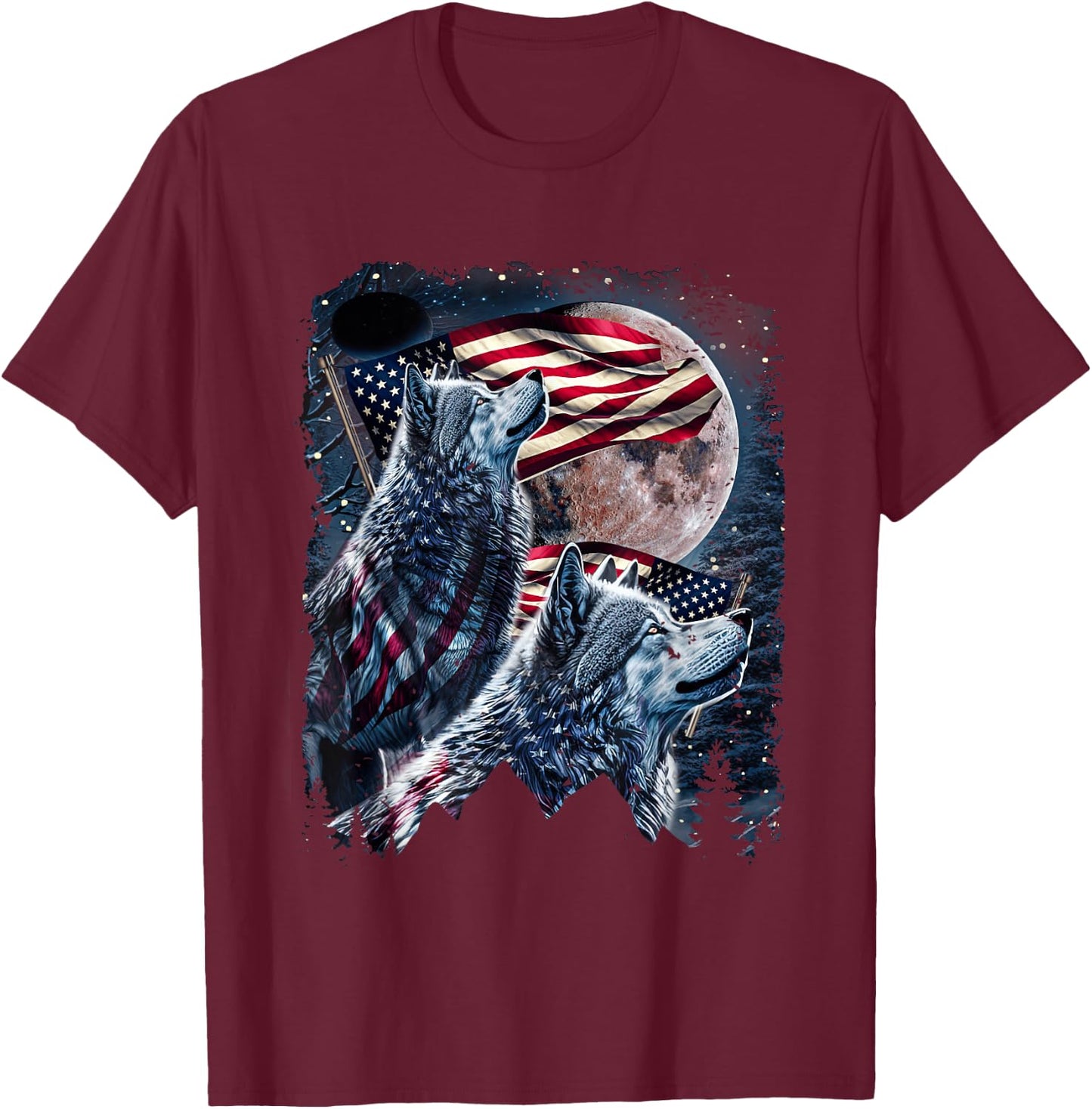 Wolf 4th of July American Flag Howling Wolves Under Moon T-Shirt - T-Shirt | Maroon