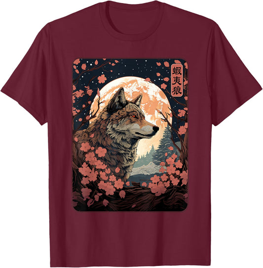 Japanese Hokkaido Wolf and Moon, Nature Art Women, Men T-Shirt - T-Shirt | Maroon