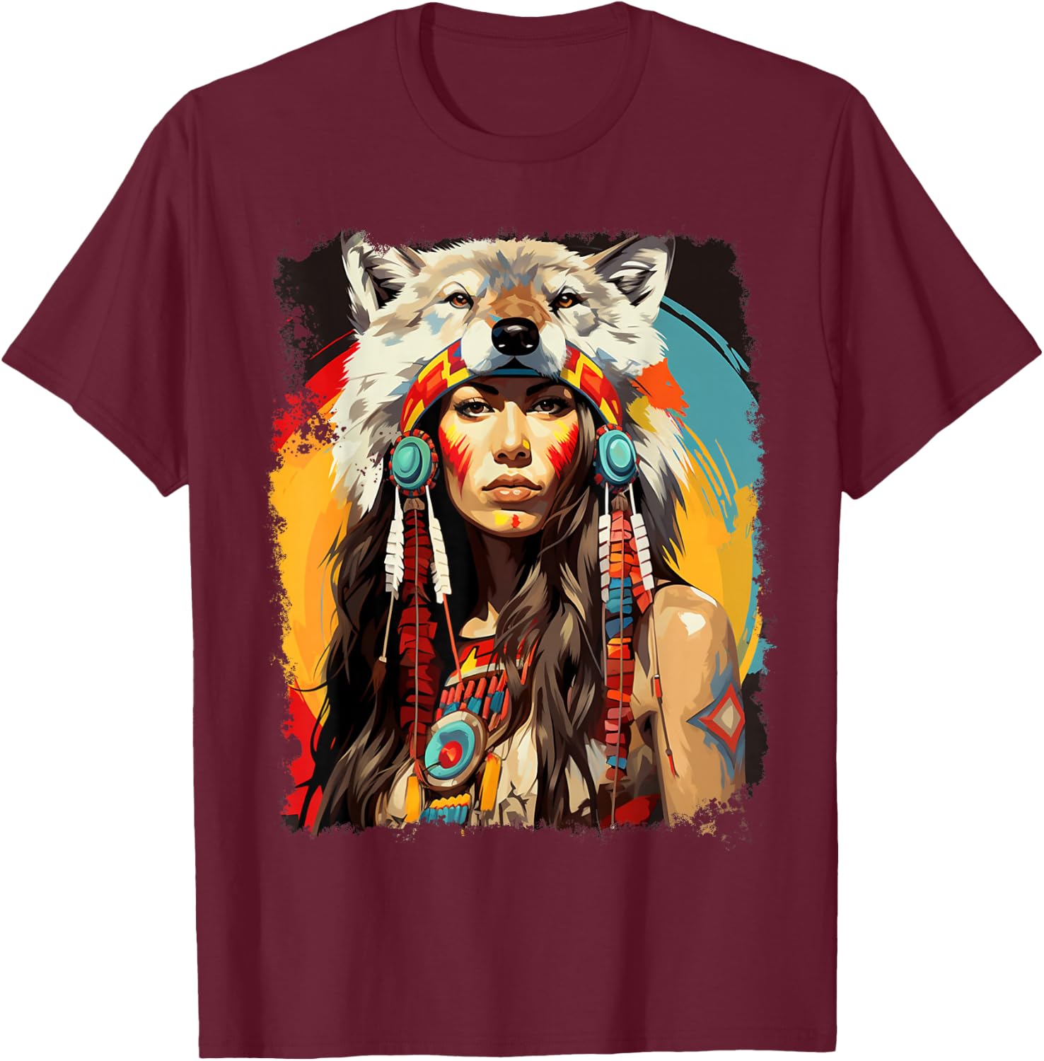 Indigenous Wolfwear Beautiful Native American - -Adults, Black, Small, Short Sleeve, Classic Fit T-Shirt - T-Shirt | Maroon
