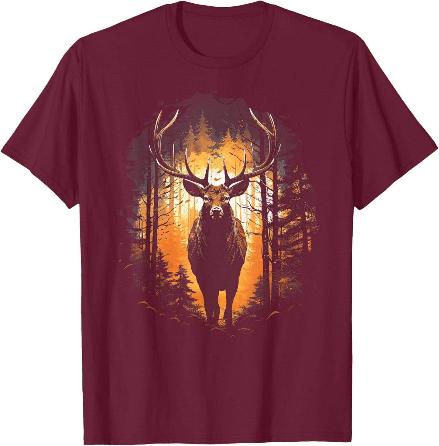 Forest Deer Wildlife Animal Illustration T-Shirt - T-Shirt | Maroon