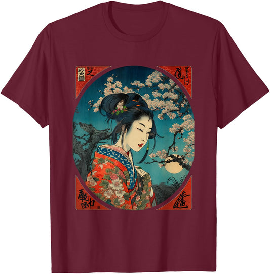 Vintage Geisha Cherry Blossom Woodblock Japanese Graphical T-Shirt - T-Shirt | Maroon