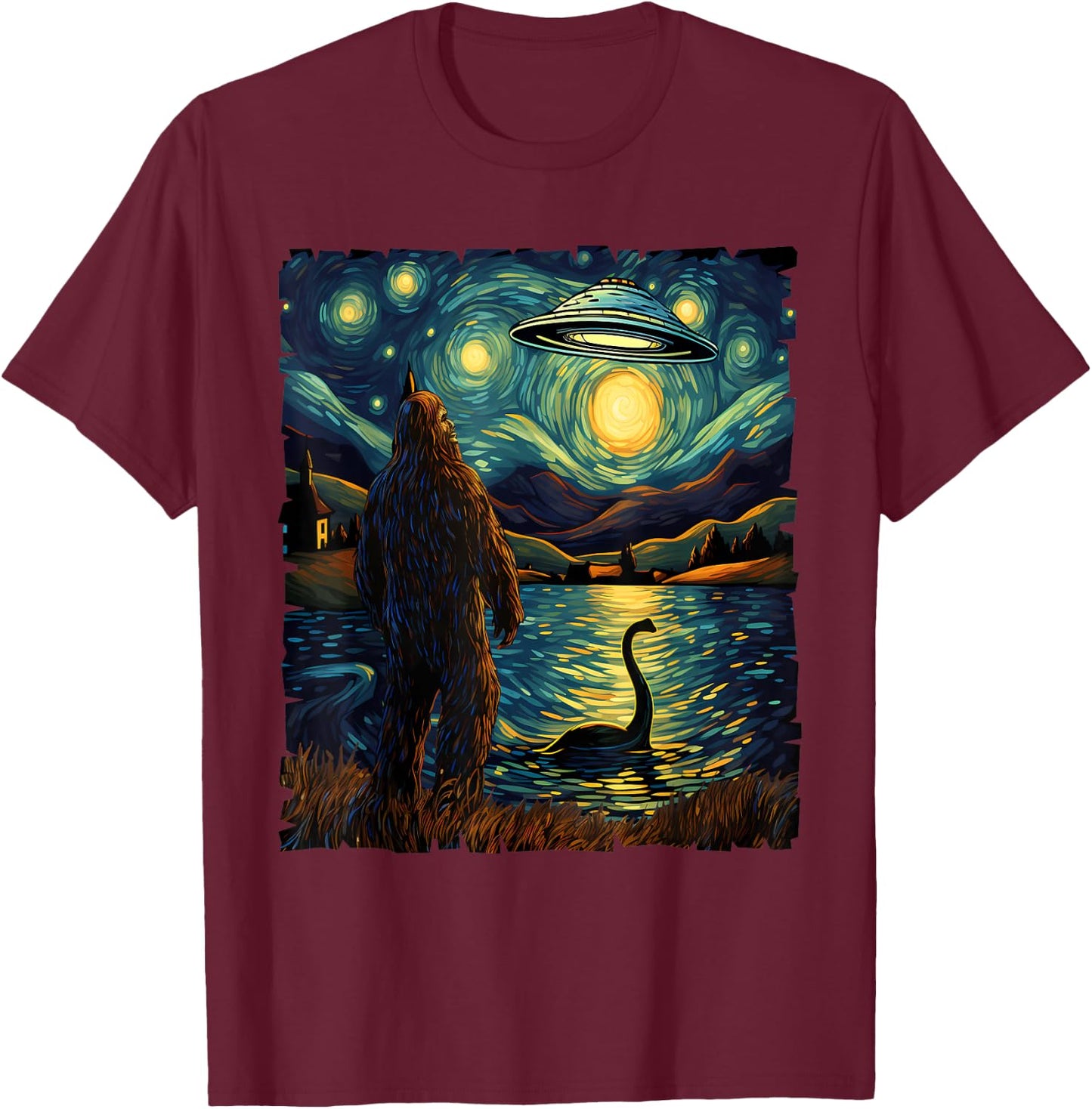 Funny Bigfoot UFO and Nessie Van Gogh Starry Night Painting T-Shirt - T-Shirt | Maroon