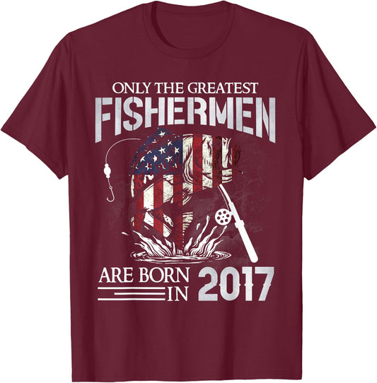 7th Birthday Fishermen USA Flag 7 Year Old Fishing Boy T-Shirt - T-Shirt | Maroon