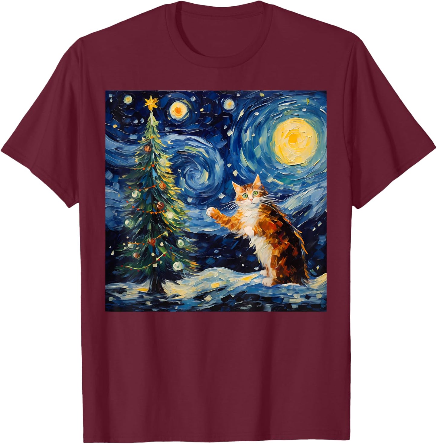 Funny Starry Night Christmas Kitty Kitten Xmas Tree Novelty T-Shirt - T-Shirt | Maroon
