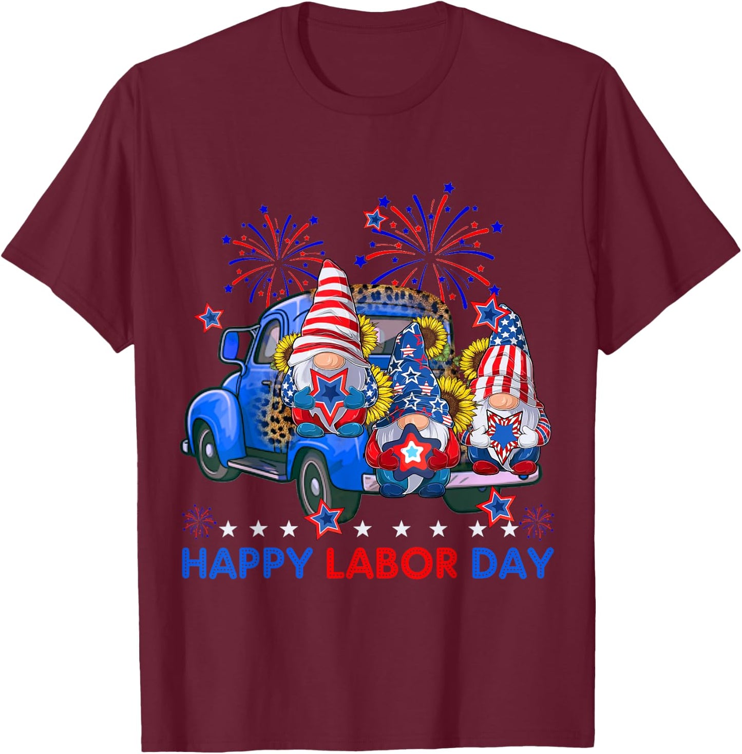 Happy Labor Day Fireworks American Flag And Funny Gnomes T-Shirt - T-Shirt | Maroon