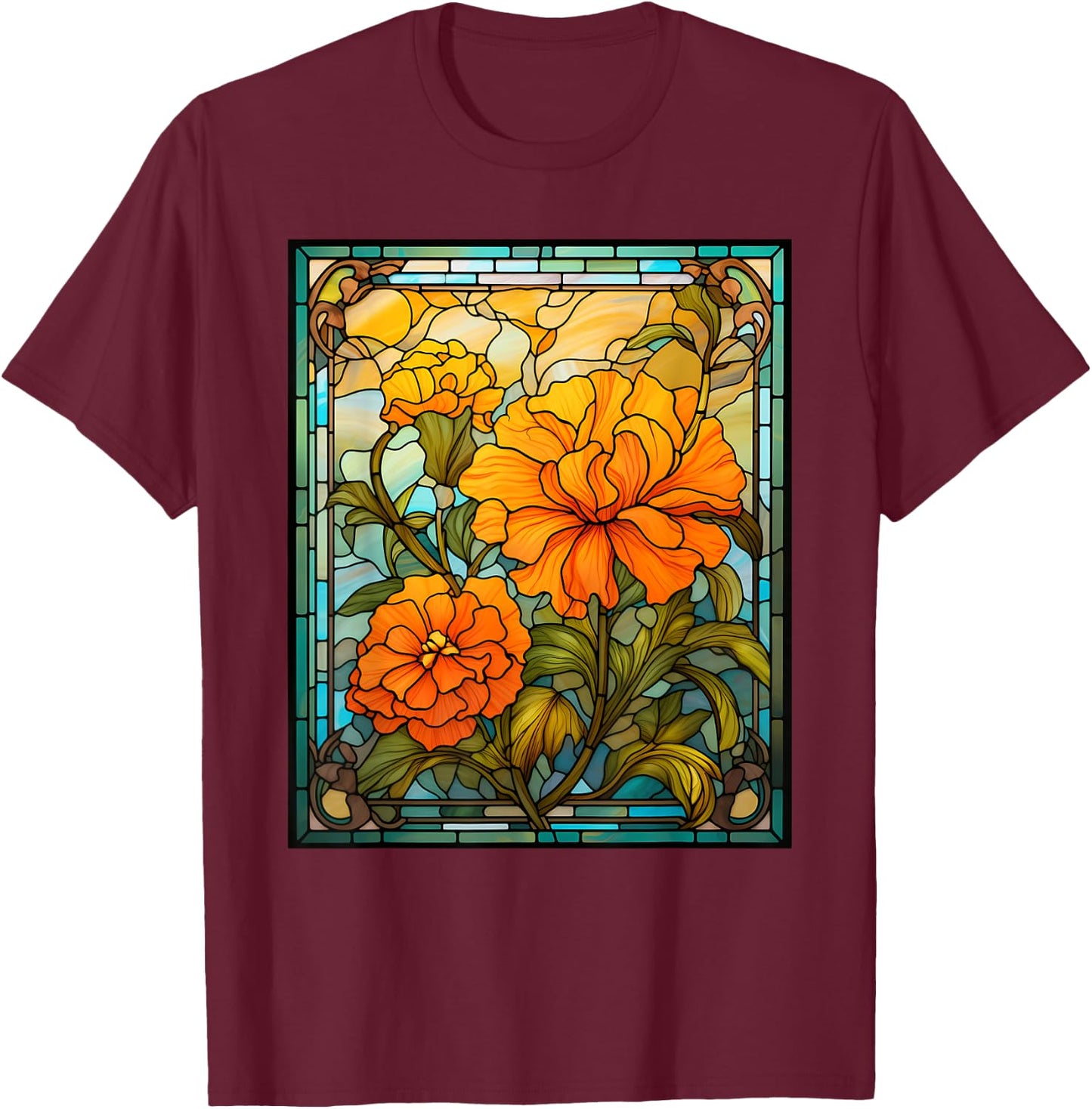 Stained Glass Style Marigold T-Shirt - T-Shirt | Maroon