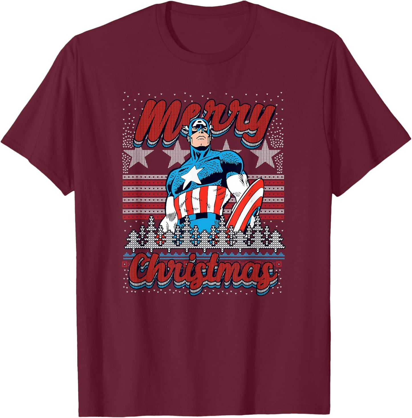Marvel Christmas Captain America Ugly Sweater Pattern T-Shirt - T-Shirt | Maroon