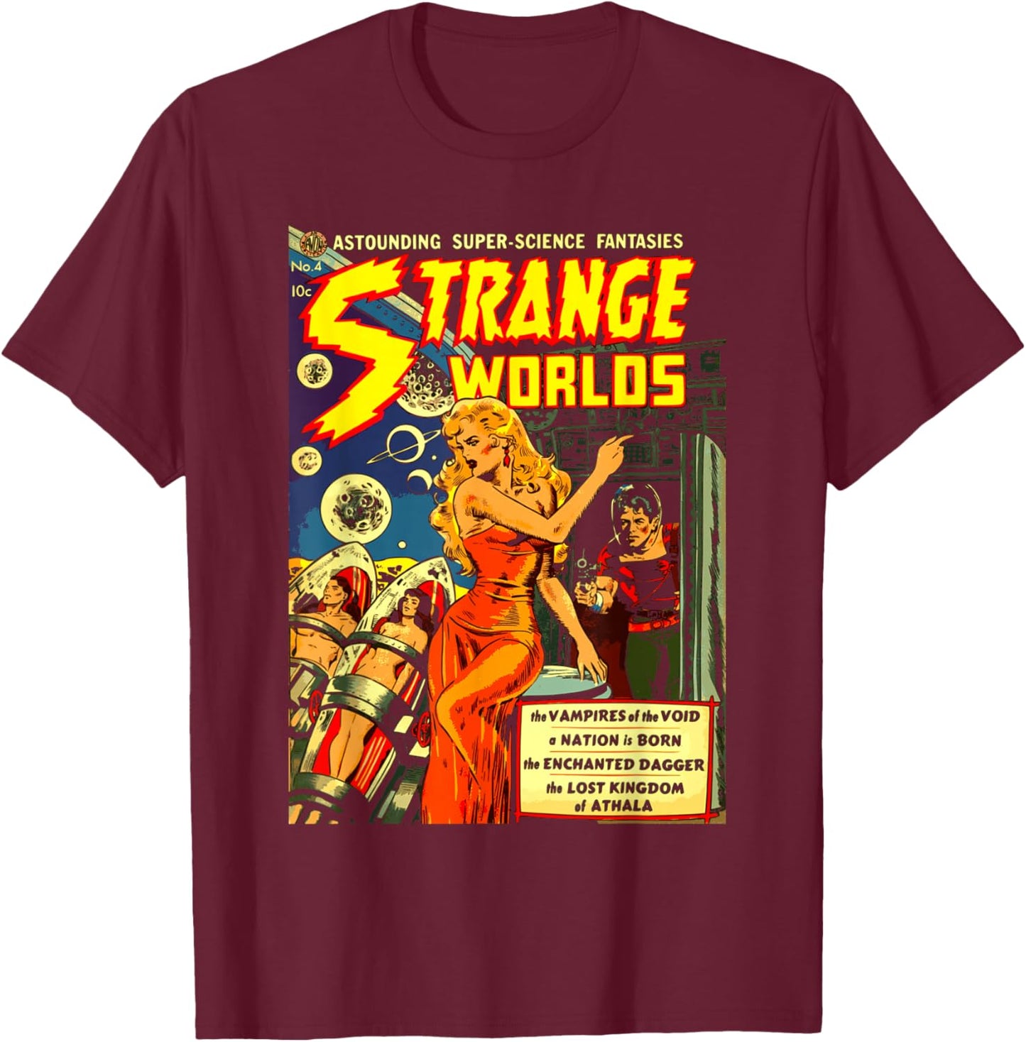Vintage Science Fiction Comic Book - Strange Worlds T-Shirt - T-Shirt | Maroon