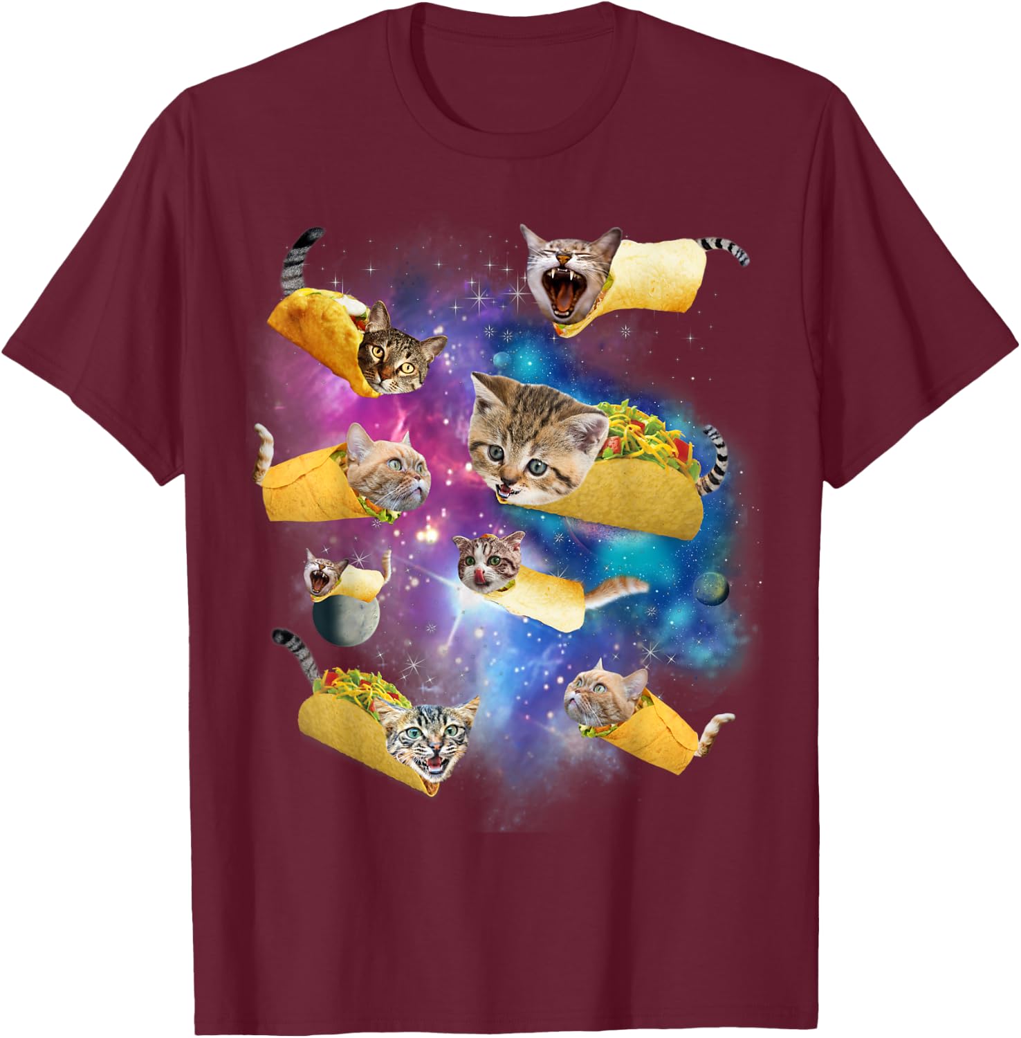 Burrito Pizza and Taco Cat in Space - Tacocat Gift Men Women Girls Kids T-Shirt - T-Shirt | Maroon