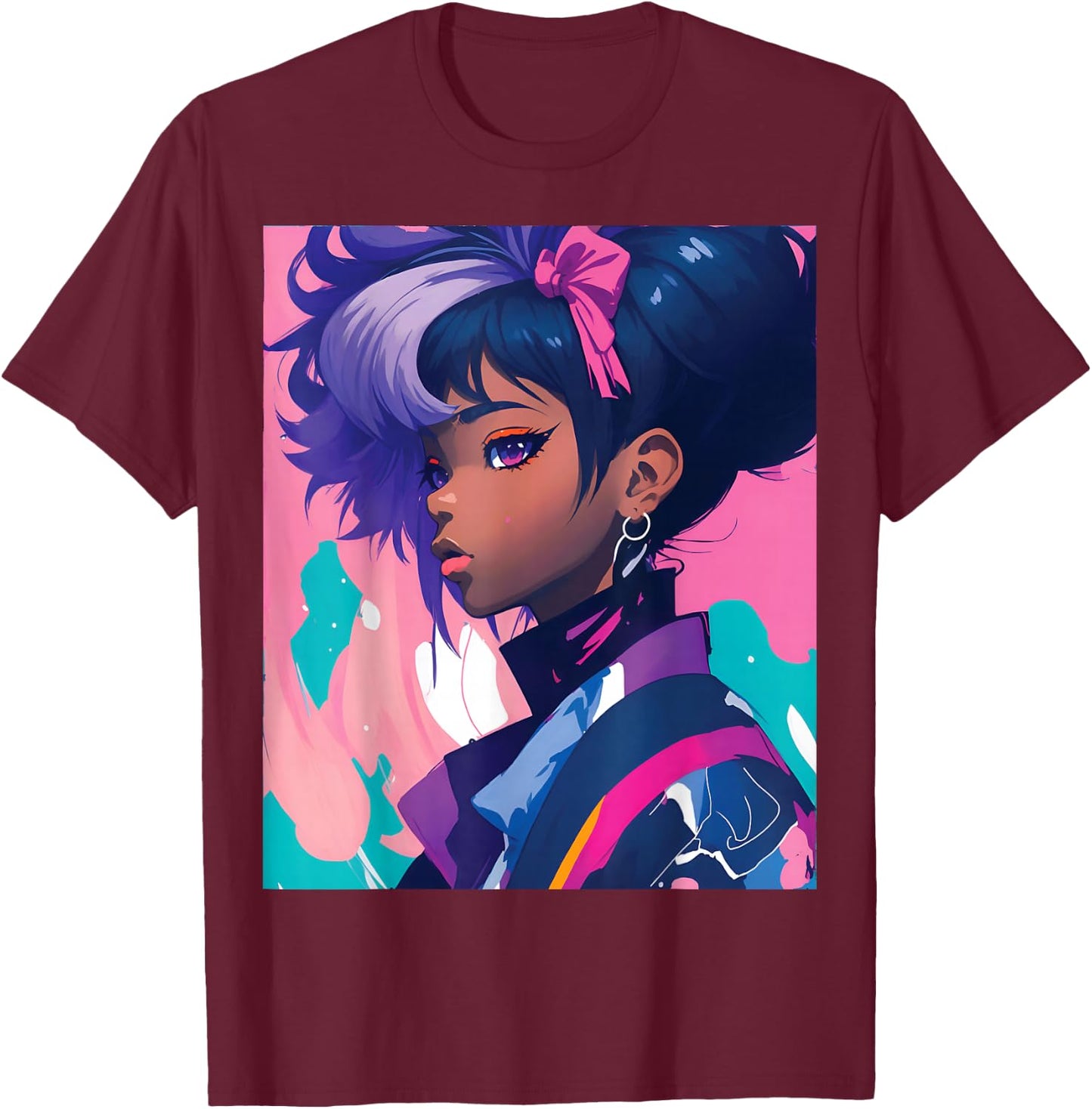Black Anime Girl Kawaii Waifu Aesthetic Japanese T-Shirt - T-Shirt | Maroon