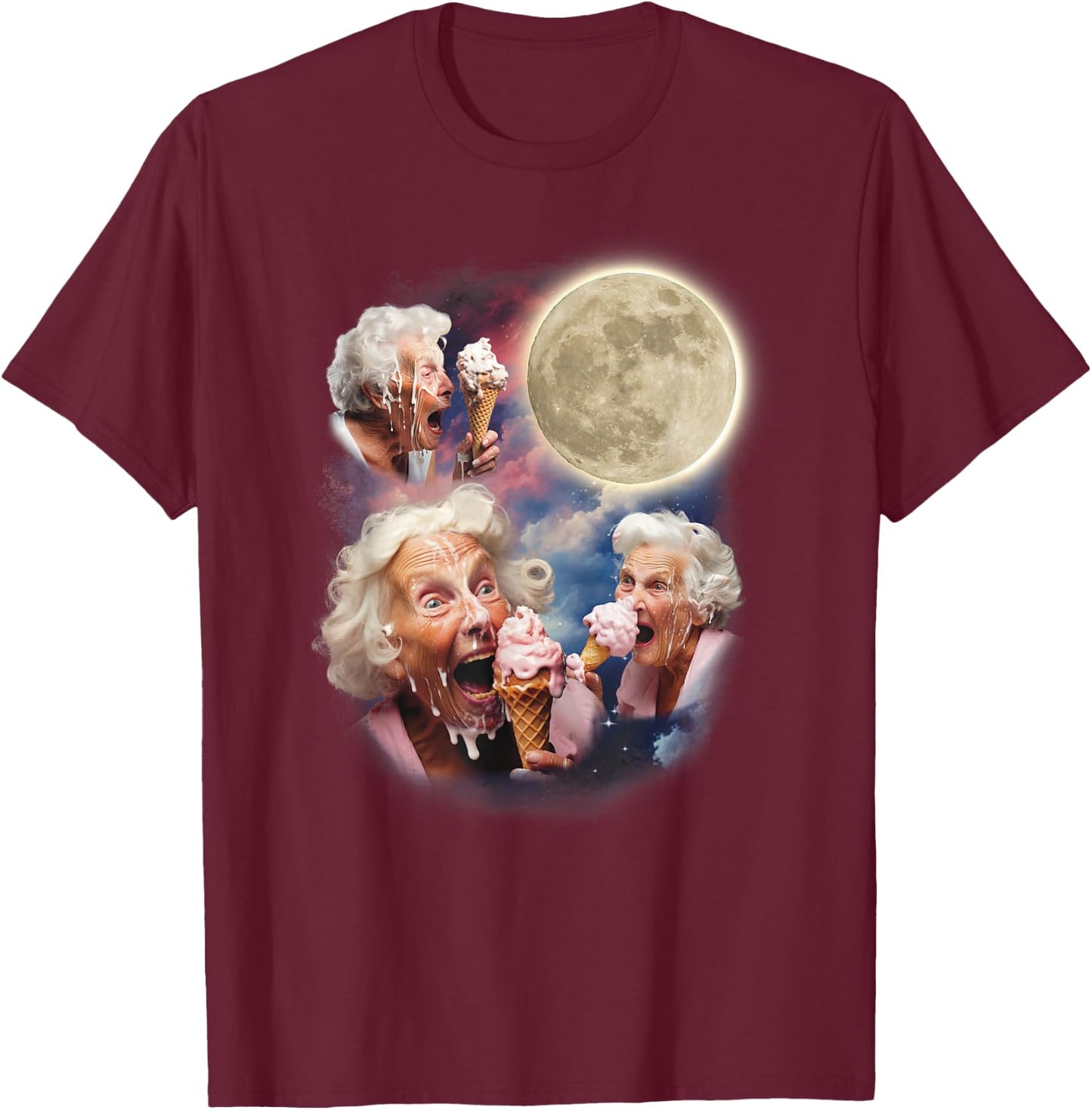 Three Granny Moon Old Ladies Licking Ice Cream Embarrassing T-Shirt - T-Shirt | Maroon