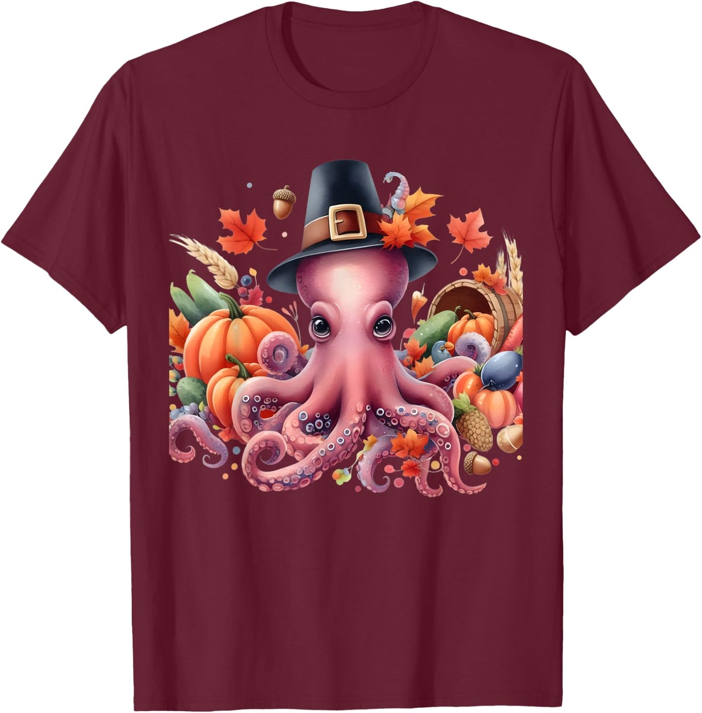 Fun and whimsical Thanksgiving Octo-Pilgrim - Octopus T-Shirt - T-Shirt | Maroon