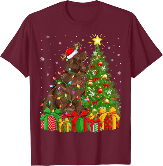Xmas Tree Lighting Santa Newfoundland Dog Christmas Men Women Kids T-Shirt - T-Shirt | Maroon