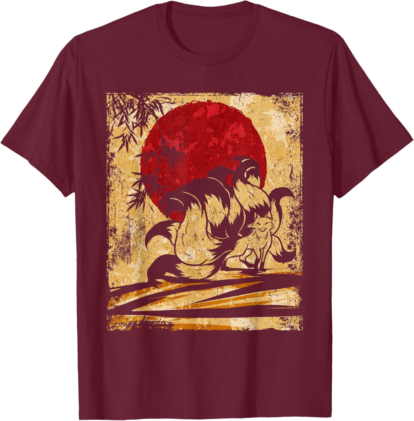 Nine-tailed fox Japanese retro art T-Shirt - T-Shirt | Maroon