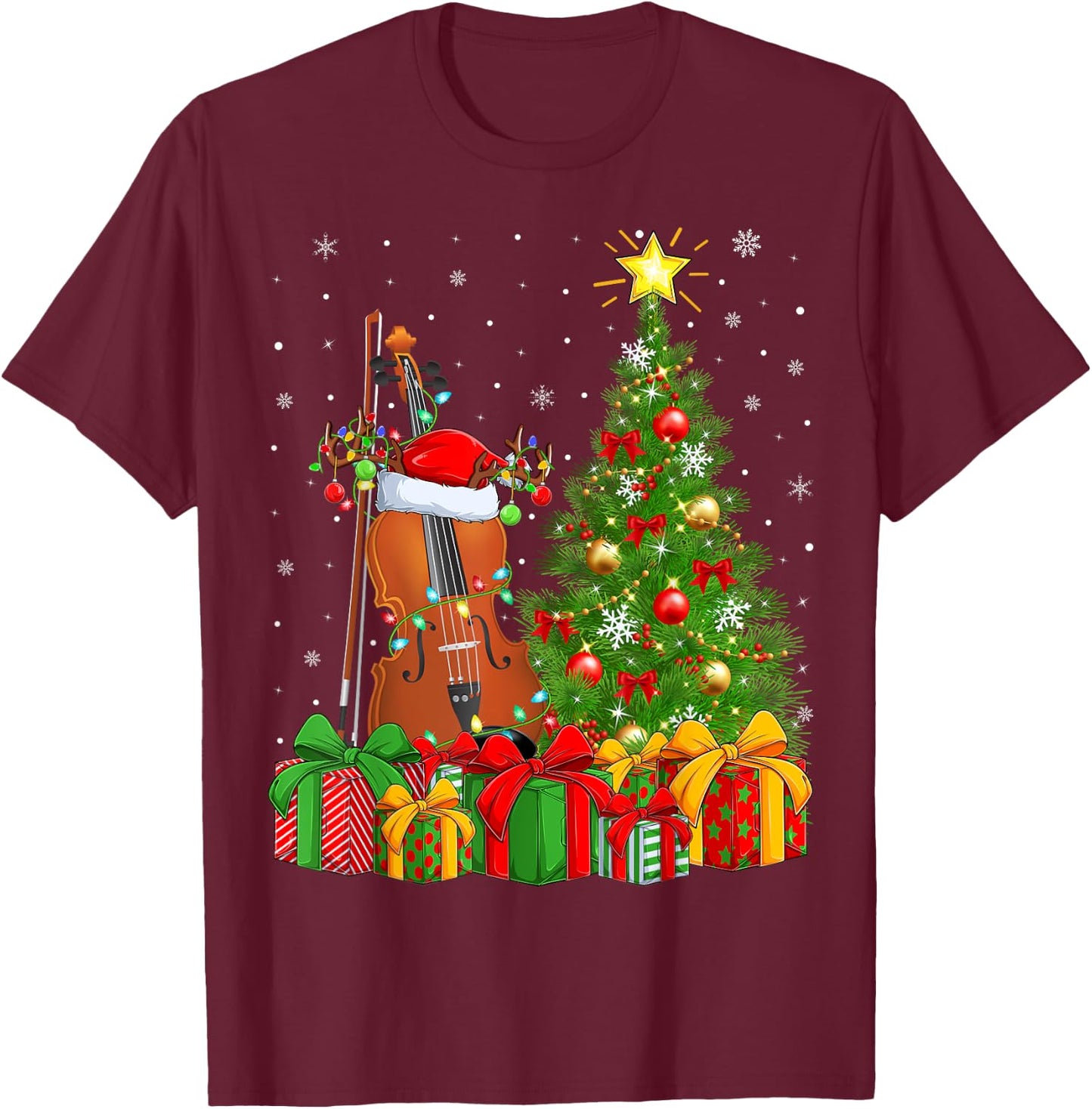 Musical Violin Xmas Tree Lighting Santa Violin Christmas T-Shirt - T-Shirt | Maroon