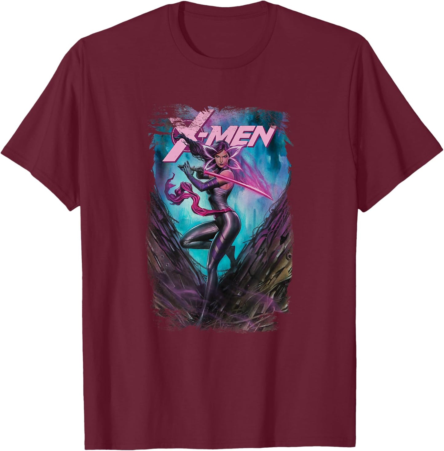 Marvel X-Men Psylocke Wielding Sword Vintage Poster T-Shirt - T-Shirt | Maroon