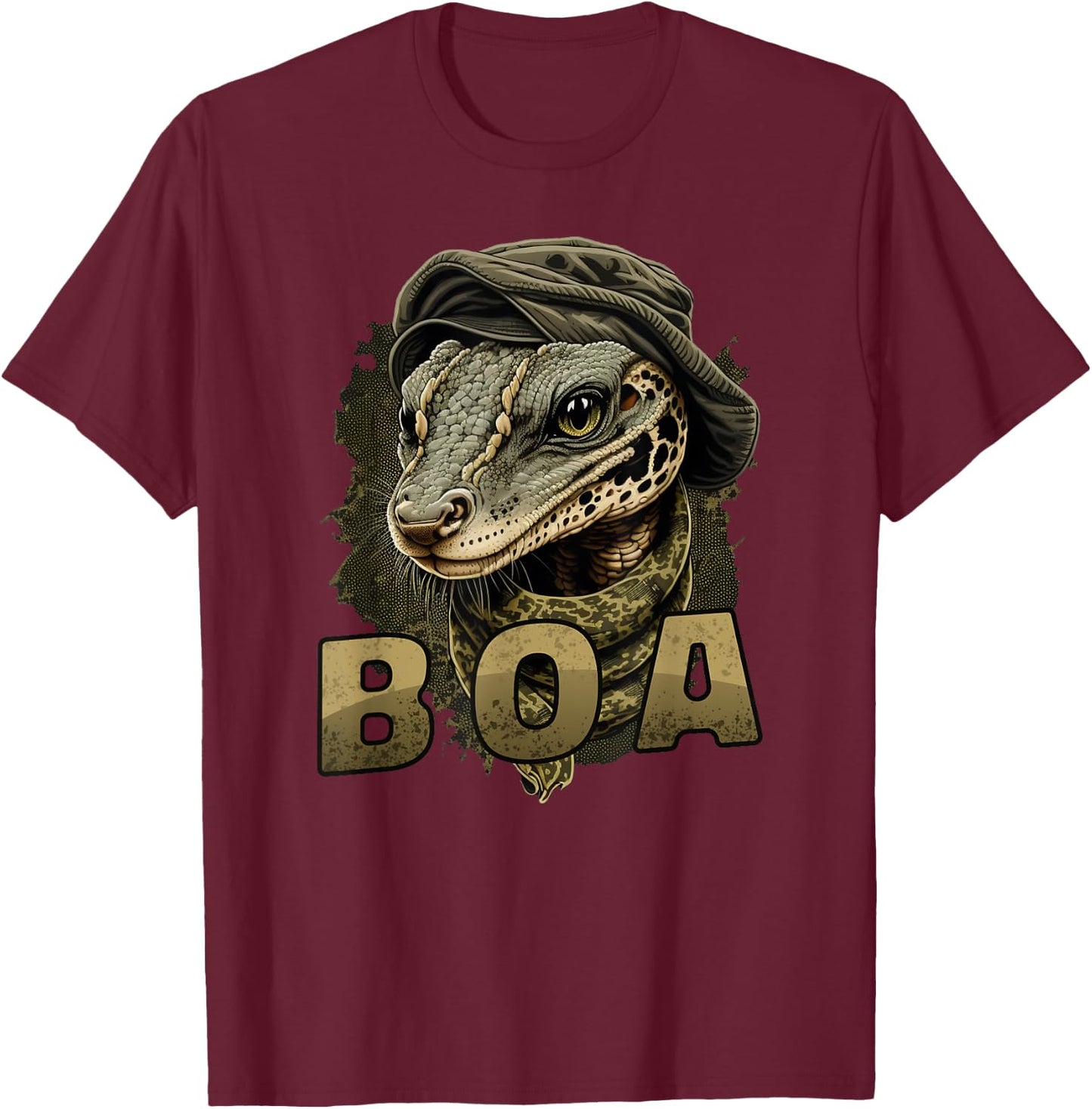 Boa Constrictor Snake in Hat and Scarf Funny Graphic Print T-Shirt - T-Shirt | Maroon