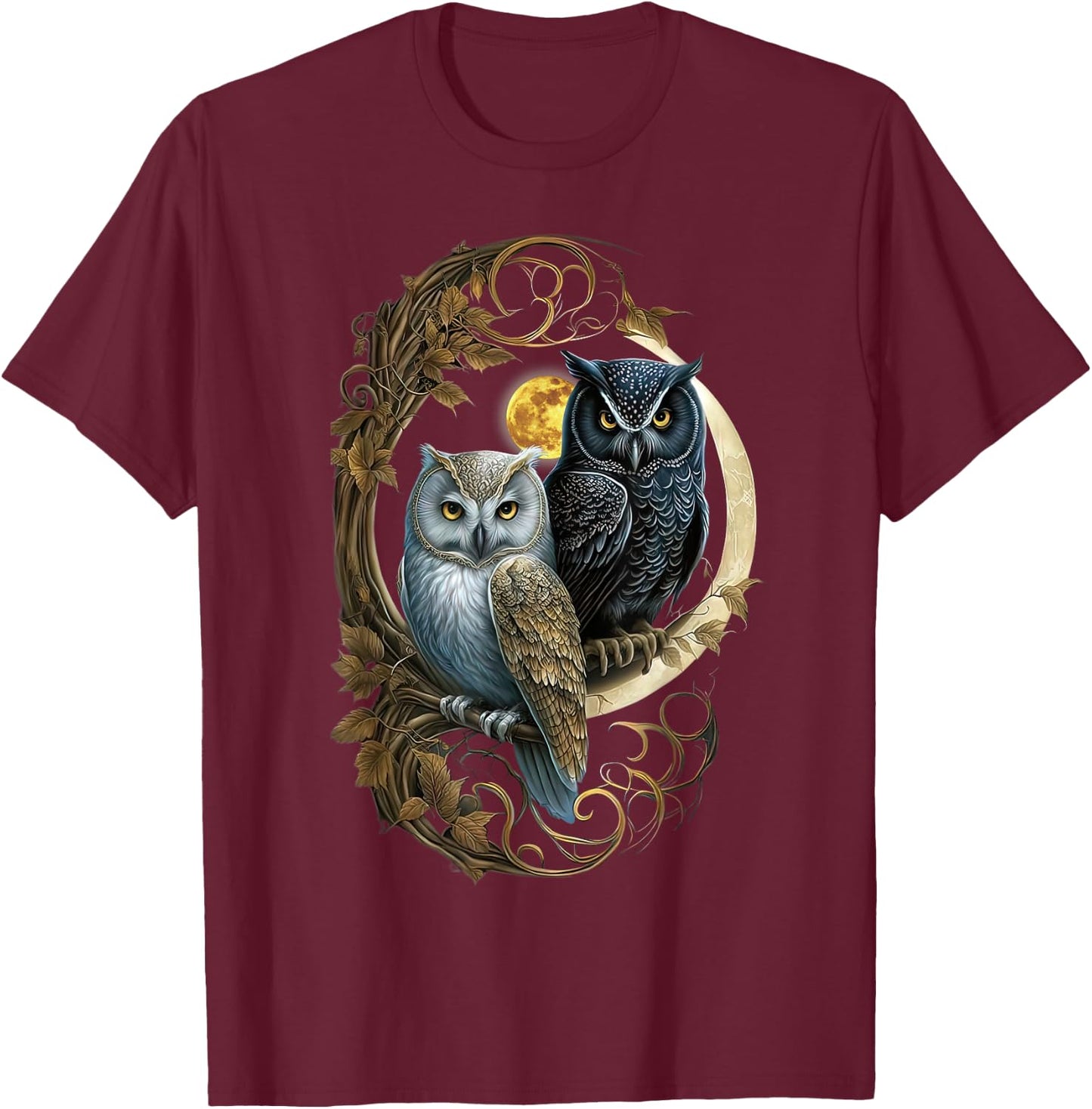 Moon Owl Birds Owl Gifts Graphic Women Boys Girls T-Shirt - T-Shirt | Maroon