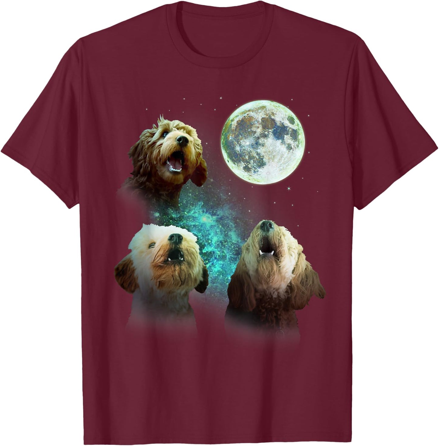 Three Goldendoodles Howl At Moon 3 Wolfs Wolves Funny Parody T-Shirt - T-Shirt | Maroon
