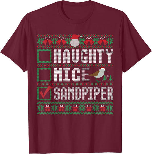 Naughty Nice Sandpiper Birds Animal Lovers Christmas List T-Shirt - T-Shirt | Maroon
