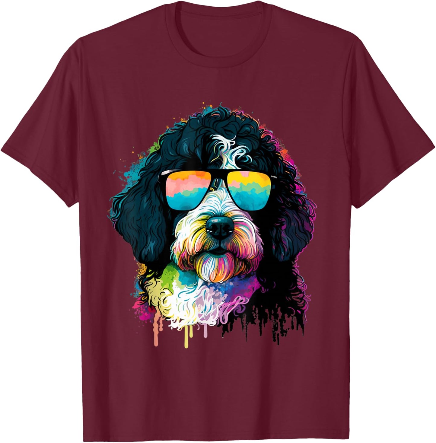 Cute Bernedoodle With Sunglasses Colorful Graphic Dog Lover T-Shirt - T-Shirt | Maroon