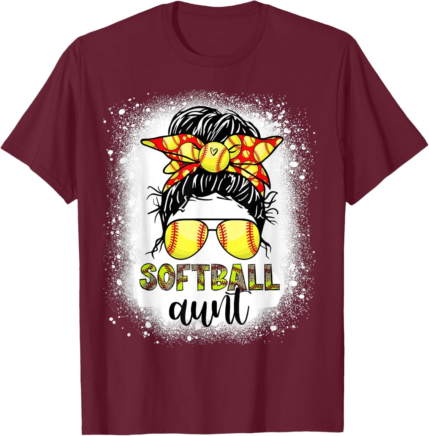 Softball Aunt Messy Bun Leopard Bleached Softball Auntie T-Shirt - T-Shirt | Maroon