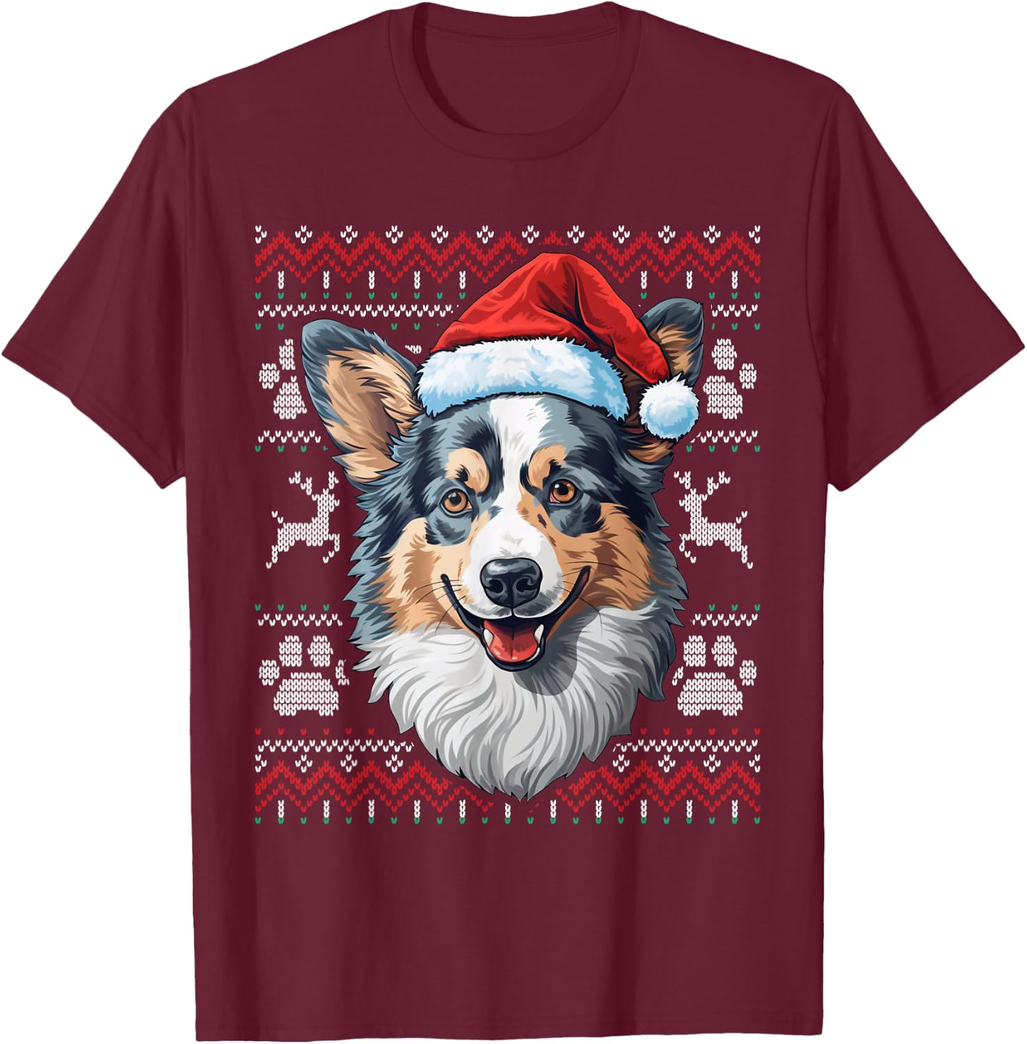 Blue Merle Corgi Santa Hat Christmas Funny Dog Mom Dad T-Shirt - T-Shirt | Maroon