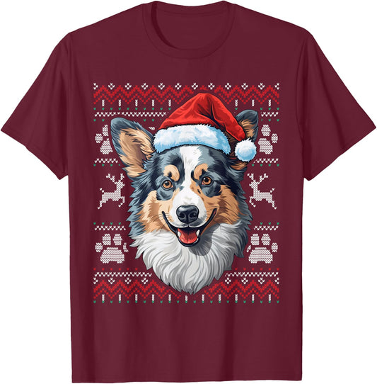 Blue Merle Corgi Santa Hat Christmas Funny Dog Mom Dad T-Shirt - T-Shirt | Maroon