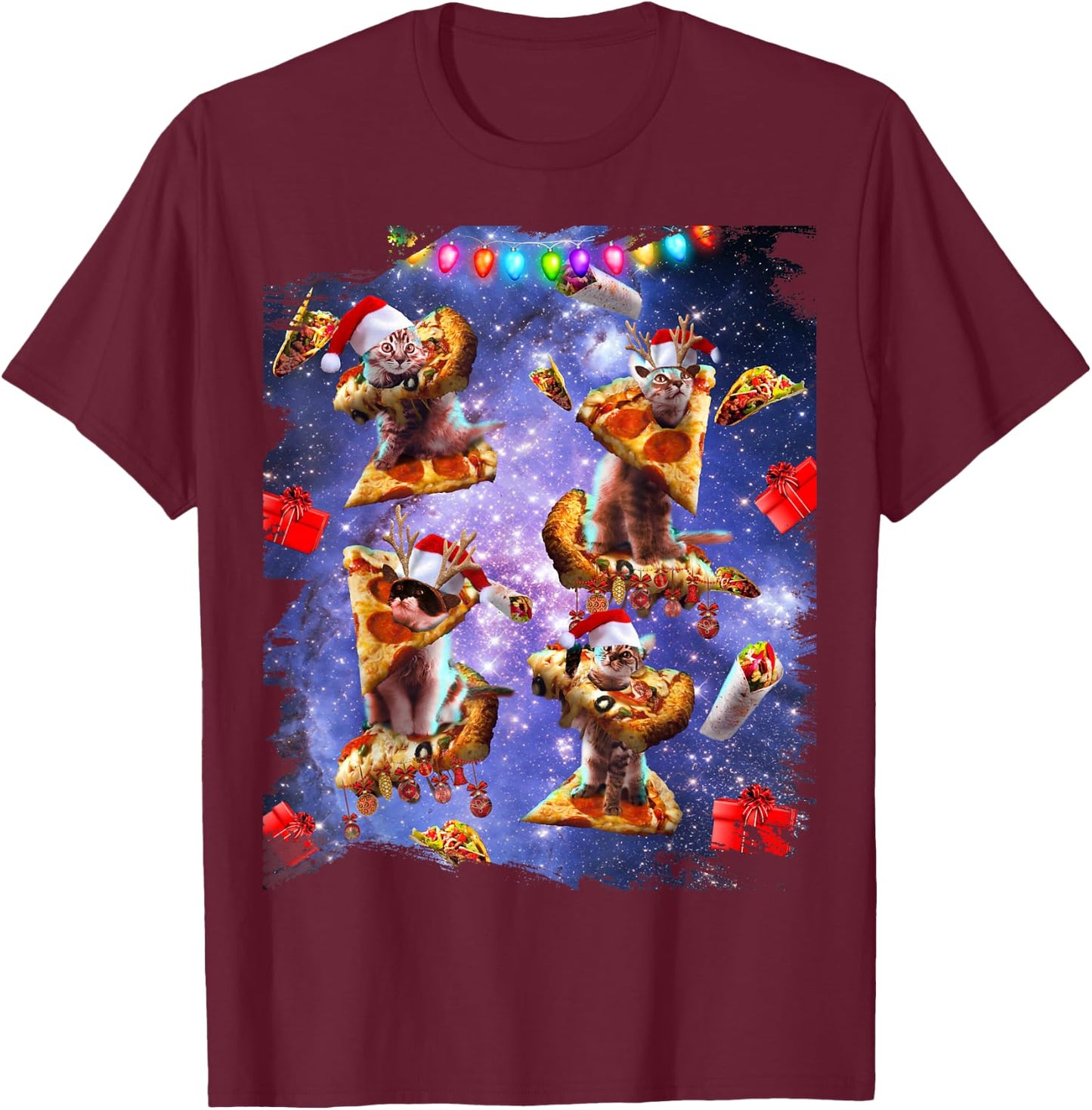 Space Pizza Cat, Christmas Cats, Funny T-Shirt - T-Shirt | Maroon