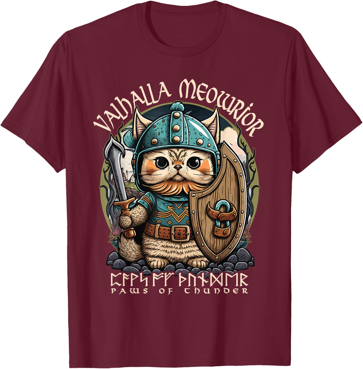 Nordic Norse Viking Cat Warrior , Men, Kids T-Shirt - T-Shirt | Maroon