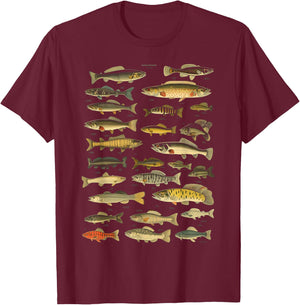 Types Of Freshwater Fish Species Fishing Graphic T-Shirt - T-Shirt | Maroon