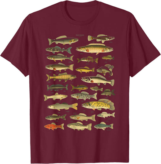 Types Of Freshwater Fish Species Fishing Graphic T-Shirt - T-Shirt | Maroon