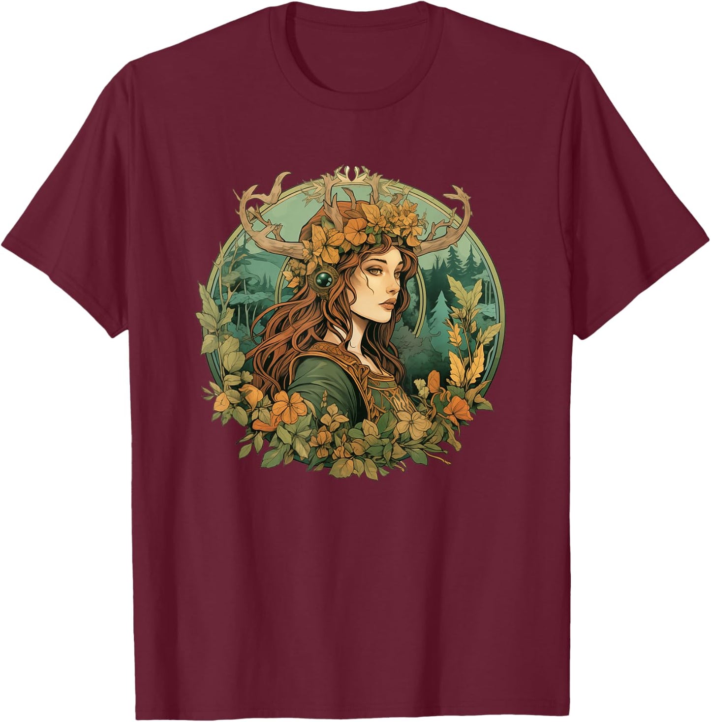 Art Nouveau Female Druid Adventurer Wanderer Nature Roleplay T-Shirt - T-Shirt | Maroon