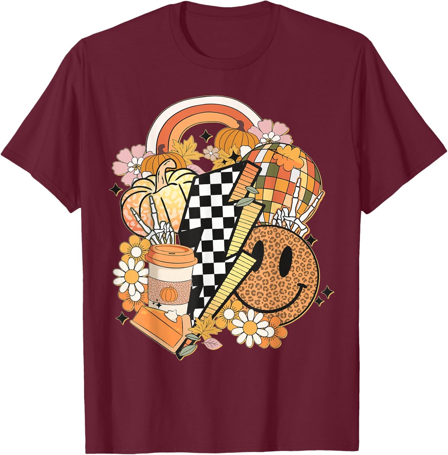 Groovy Fall Vibes Smile Face Autumn Coffee Cup Fall Women T-Shirt - T-Shirt | Maroon