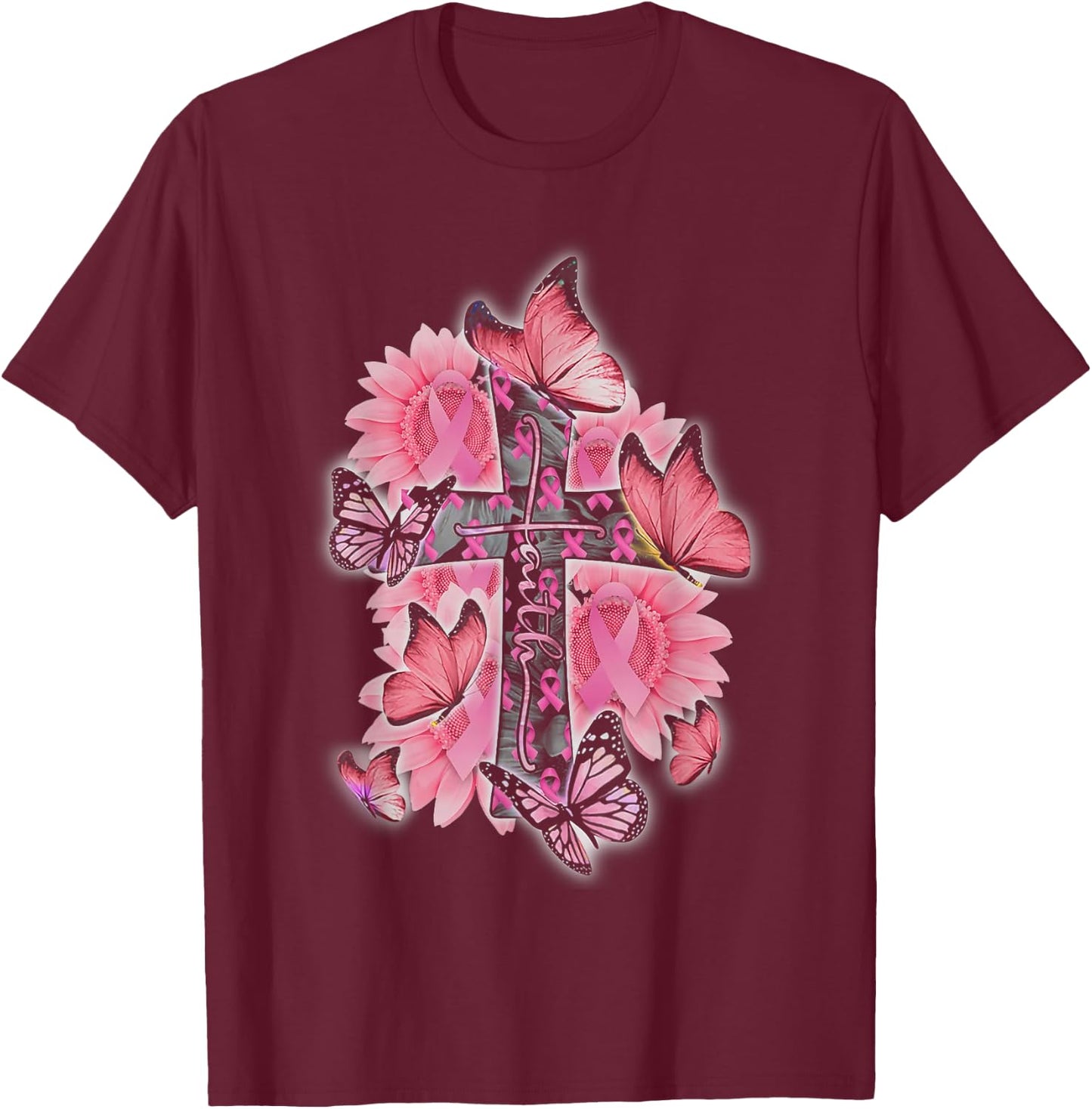 Faith Pink Ribbon Butterflies Breast Cancer Awareness Women T-Shirt - T-Shirt | Maroon