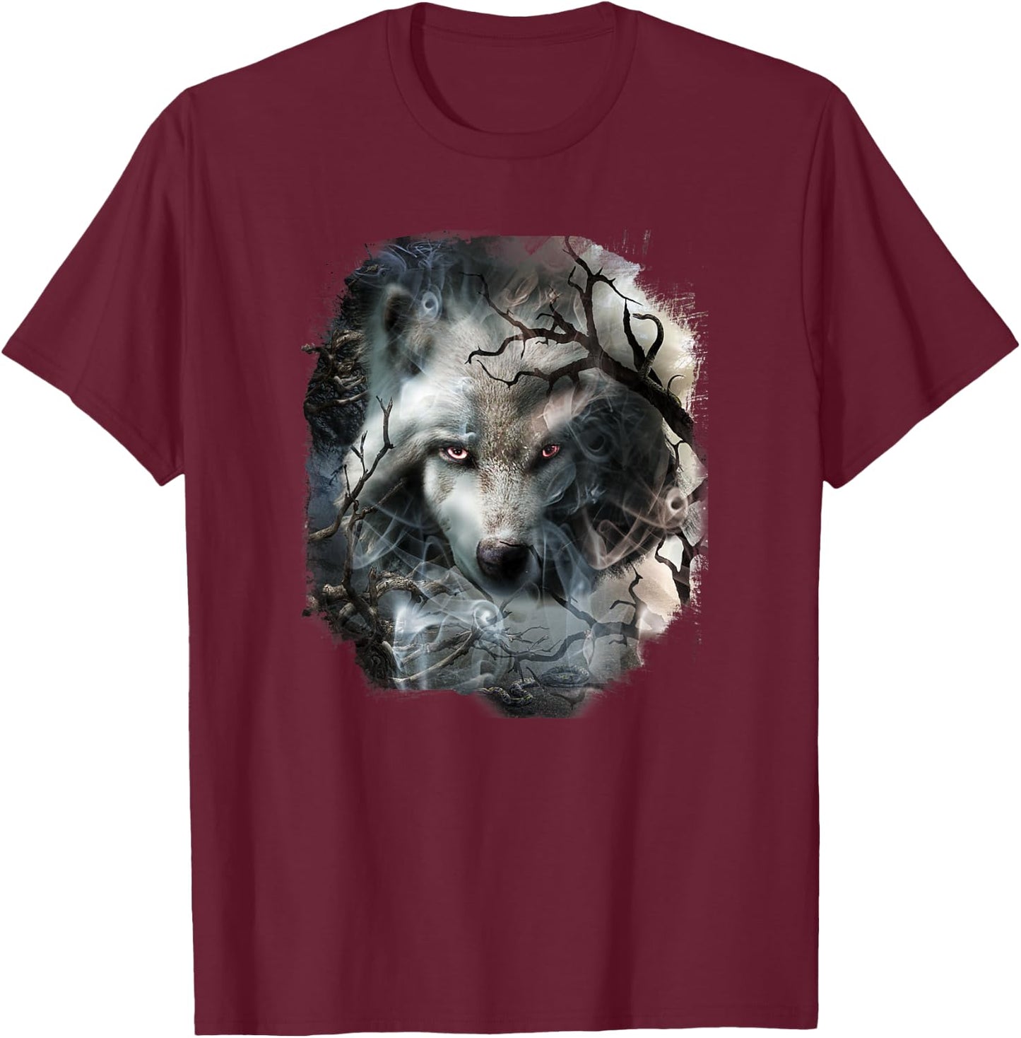 Forest Tree Wolf Face Noir T-Shirt - T-Shirt | Maroon
