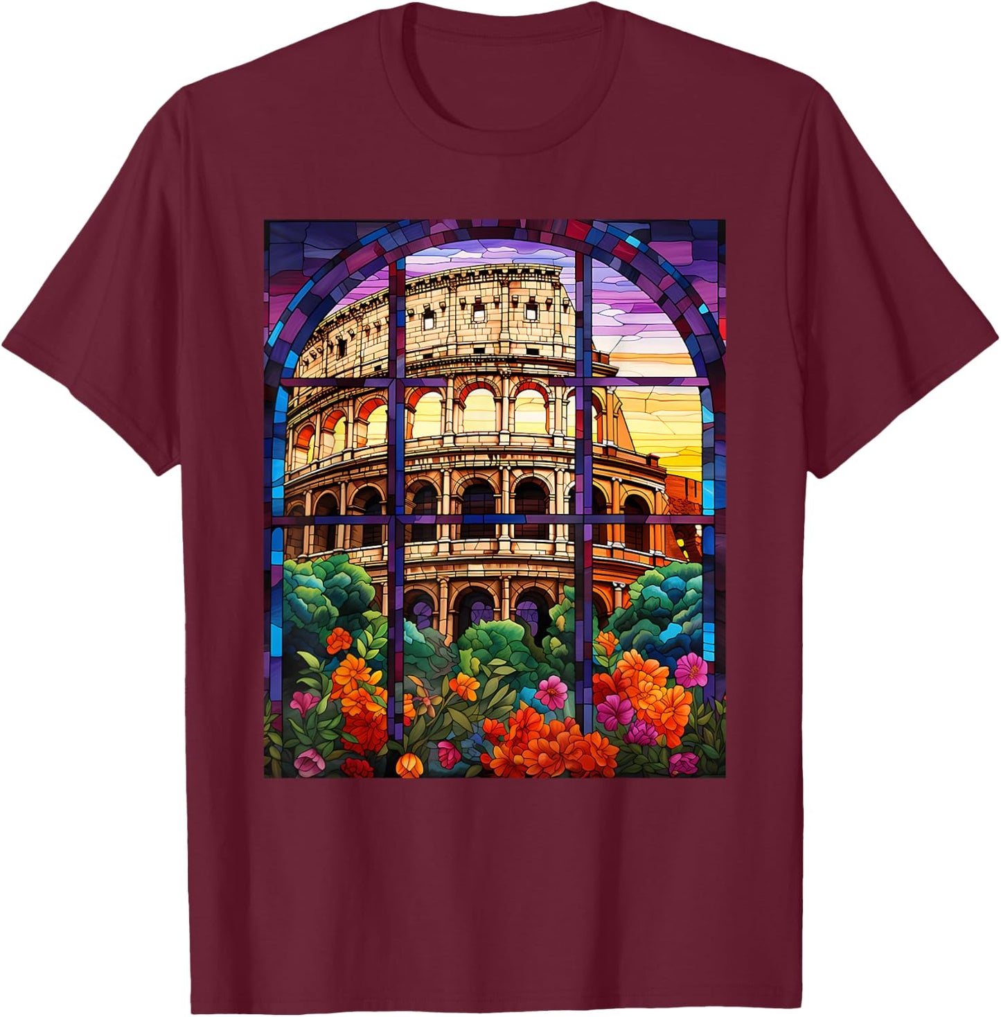 Stained Glass Style Roman Colosseum T-Shirt - T-Shirt | Maroon