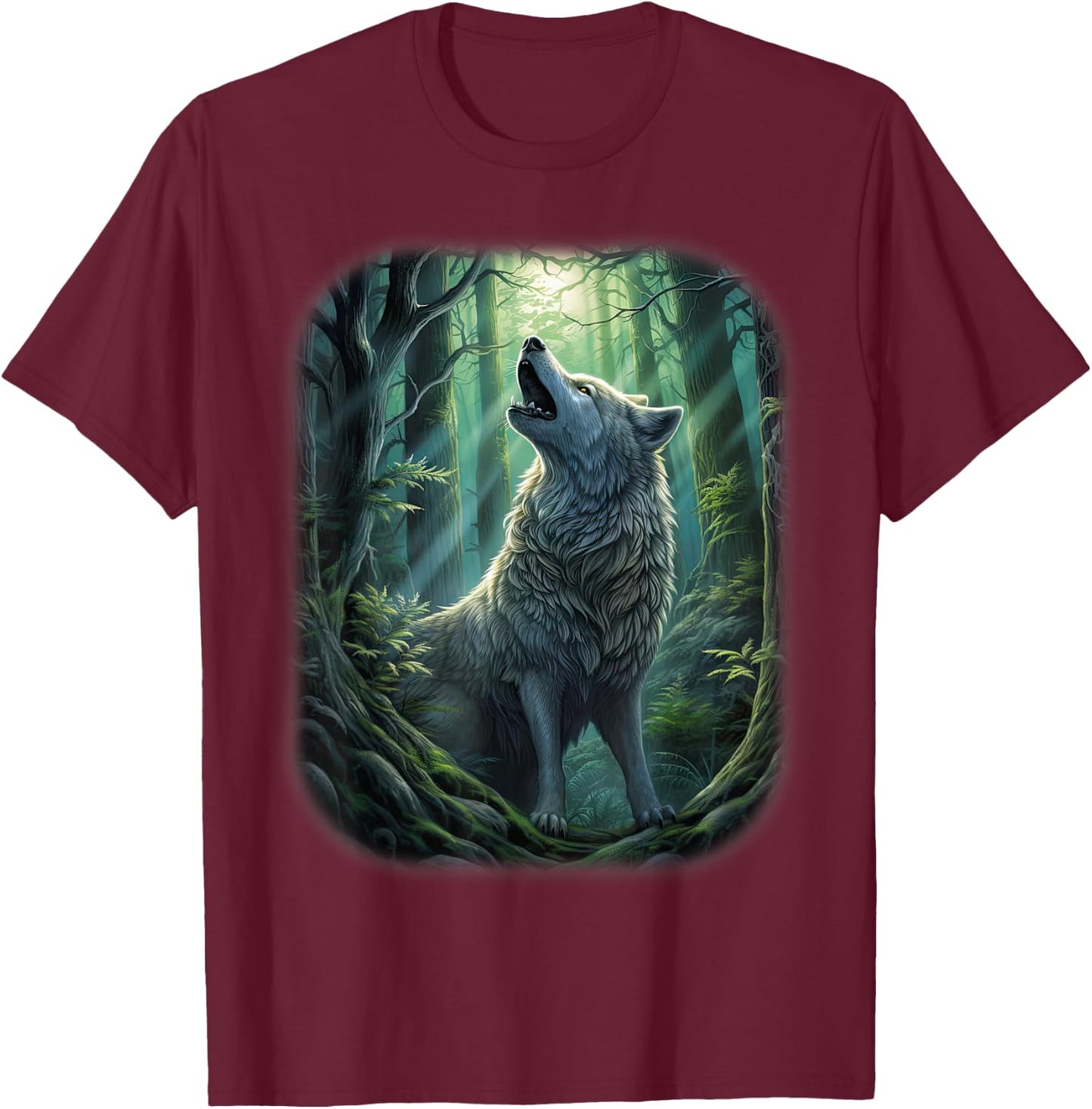 Wolf in the forest howling at the Moon Fantasy Art Wildlife T-Shirt - T-Shirt | Maroon