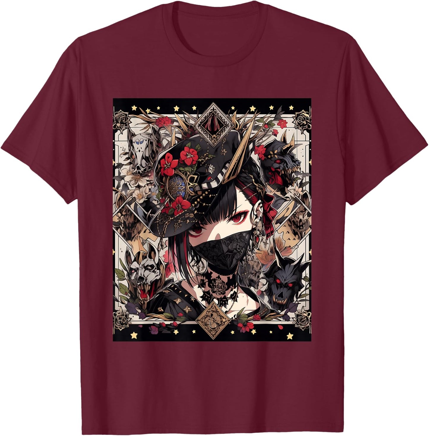 Veiled Mystery: Japanese Young Gothic Girl in a Mask T-Shirt - T-Shirt | Maroon