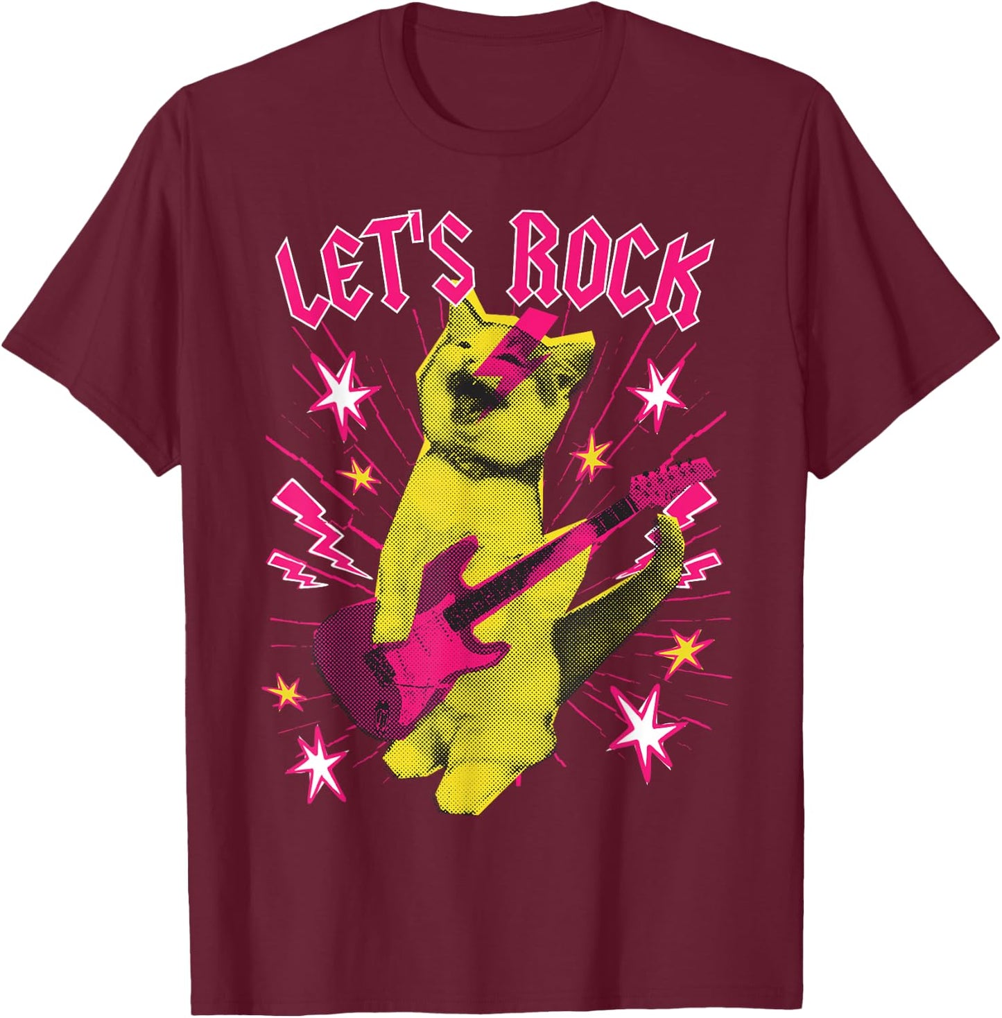 80s Rock N Roll Girl Cat, Let's Rock T-Shirt - T-Shirt | Maroon