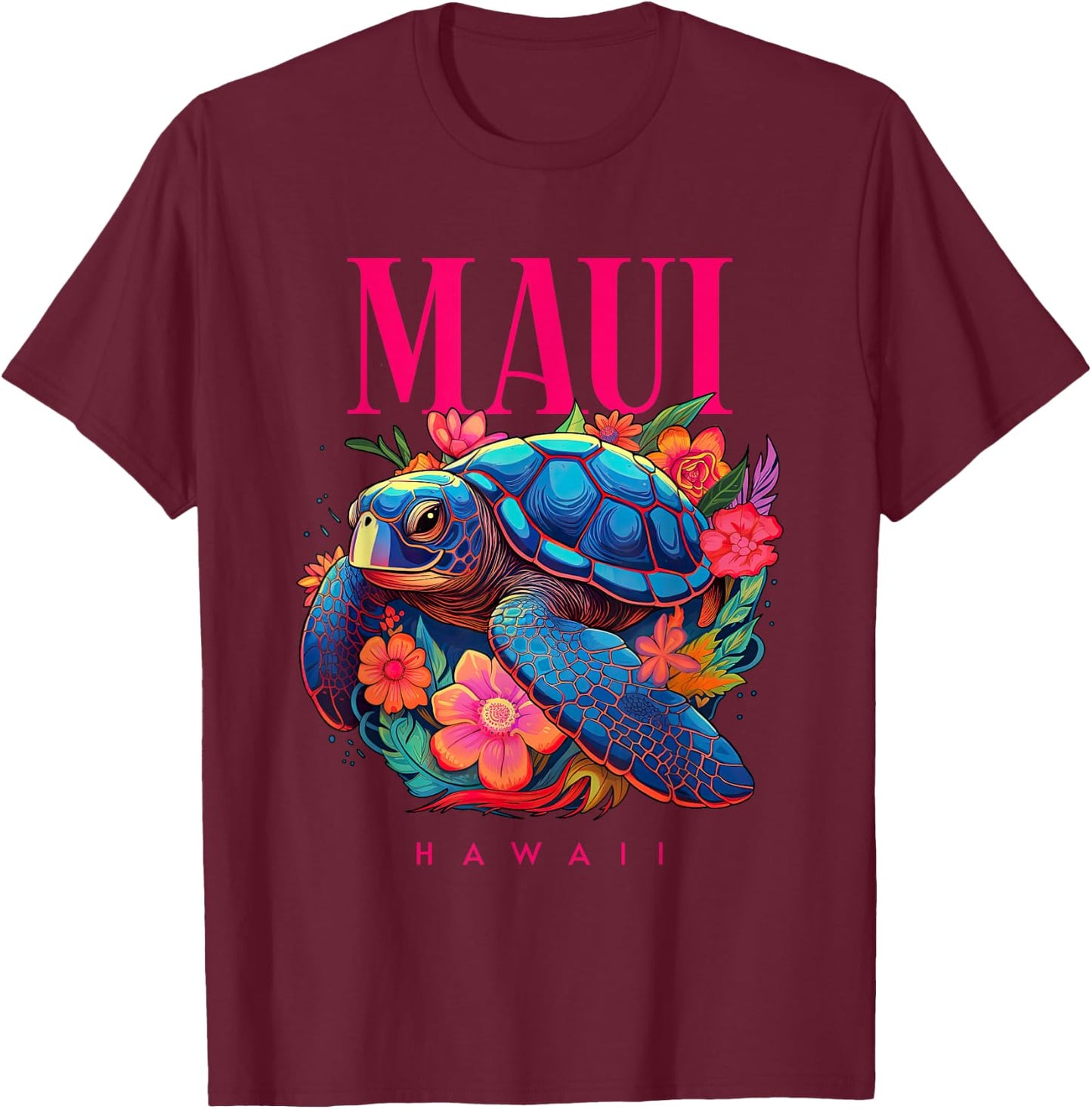 Maui Hawaii Floral Beach Turtle Souvenir Women Kids T-Shirt - T-Shirt | Maroon