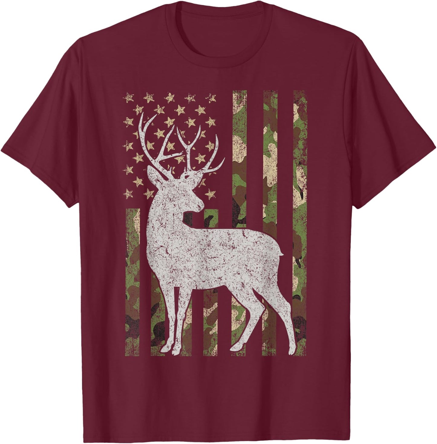 Whitetail Buck Deer Hunting Camouflage USA Flag 4th of July T-Shirt - T-Shirt | Maroon