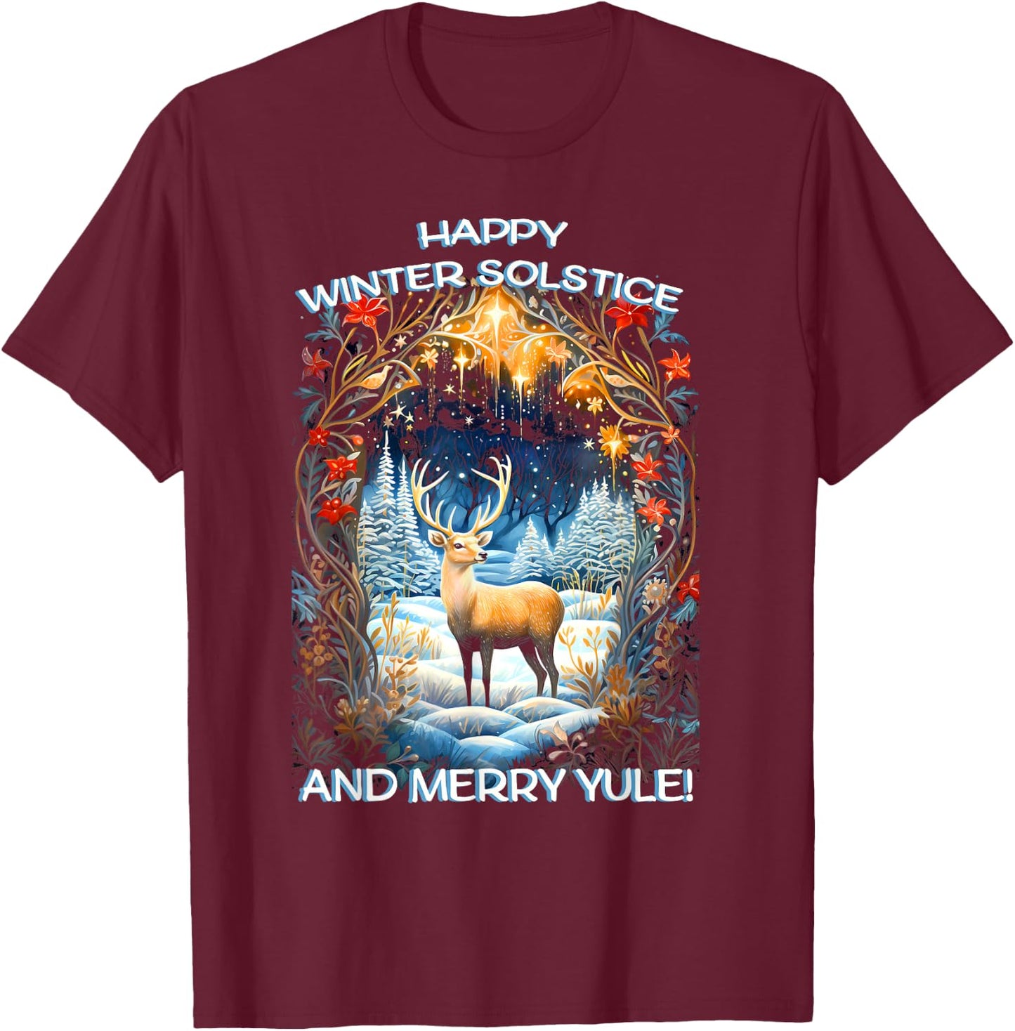 Merry Solstice Happy Yule Christmas Bird Nordic Xmas Graphic T-Shirt - T-Shirt | Maroon
