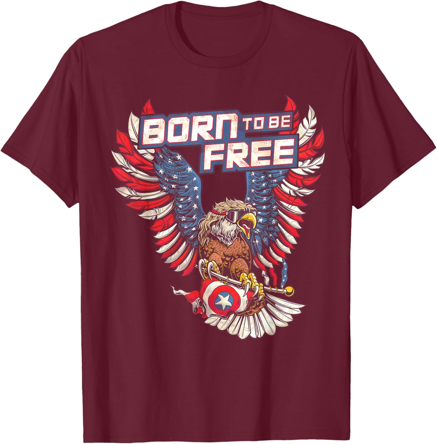 Born To Be Free Eagle America Flag T-Shirt - T-Shirt | Maroon