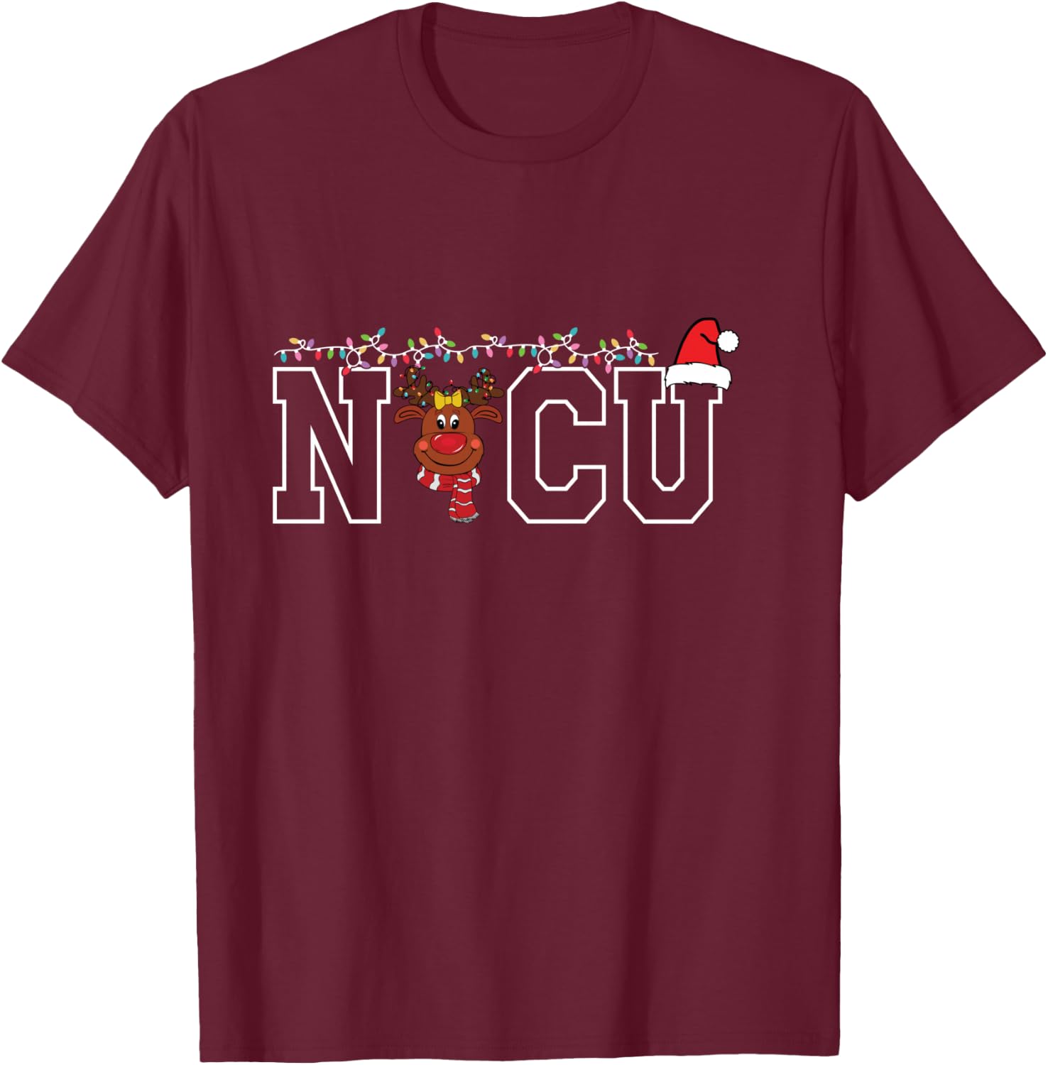 Cute Santa Hat Reindeer Christmas Light Xmas NICU Nurse Cool T-Shirt - T-Shirt | Maroon