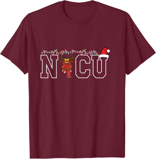 Cute Santa Hat Reindeer Christmas Light Xmas NICU Nurse Cool T-Shirt - T-Shirt | Maroon