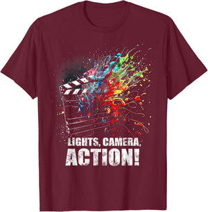 Lights Camera Action Movie Director Movie Clapper Board T-Shirt - T-Shirt | Maroon