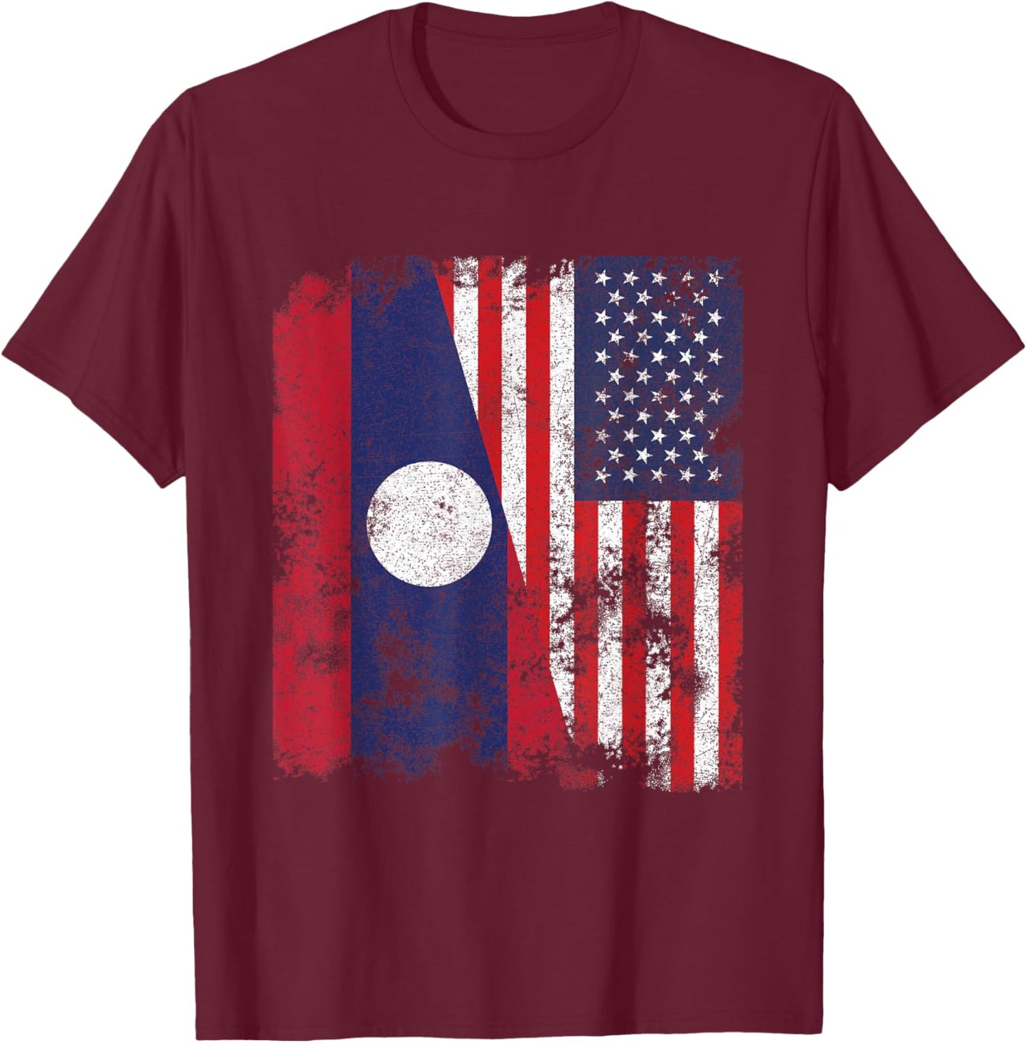 Laos USA Flag Distressed - Half American Women Kids Men T-Shirt - T-Shirt | Maroon