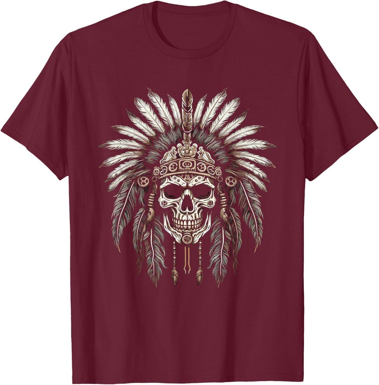 Native American Chief Skull Indian Headdress T-Shirt - T-Shirt | Maroon